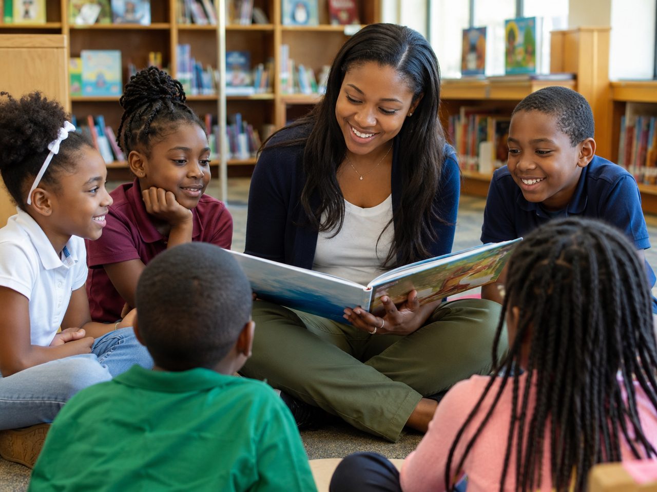 A teacher reading with a group of young students