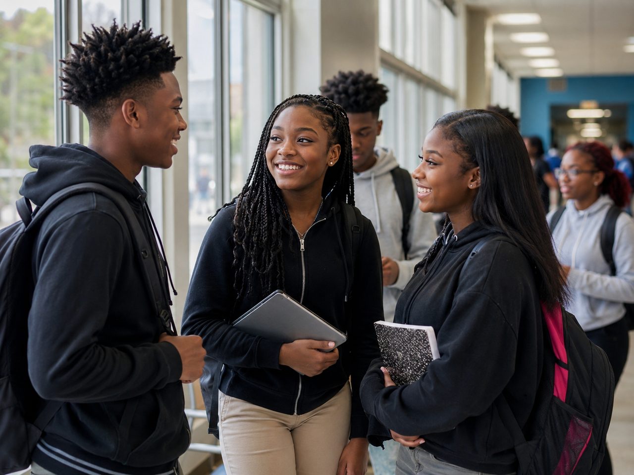 Students connecting in a bright school hallway