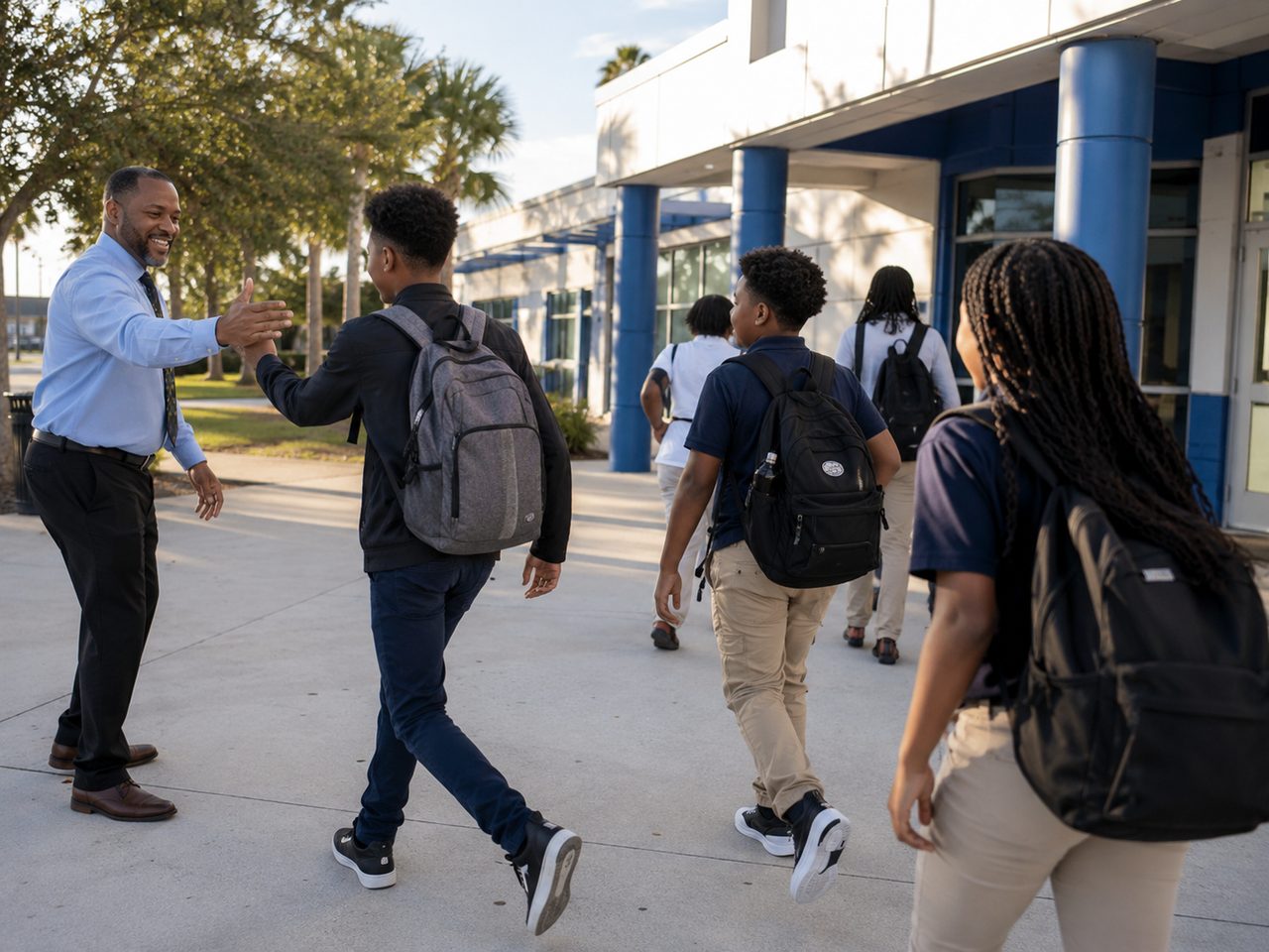 A school staff member welcoming students as they arrive