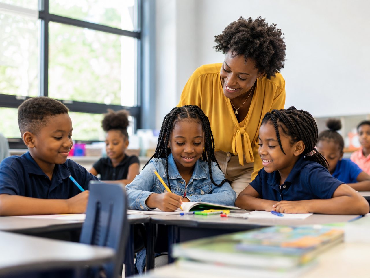 A teacher helping students with their classwork
