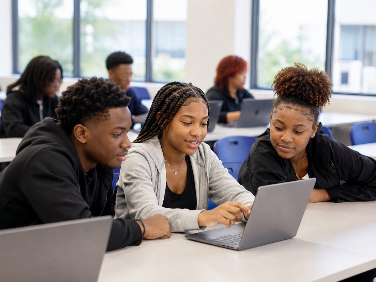 Students collaborating on a laptop in class